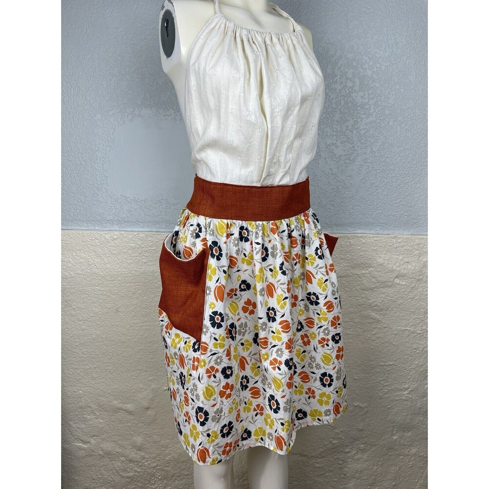 Full Apron Burnt Orange Burlap Pockets Floral Print Halter Smock Retro Inspired